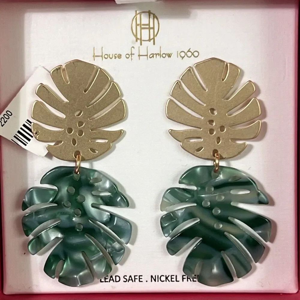 Monstera Leaf Dangling Earrings Green Gold Nickel Free Tropical Plant Palm NIB - Picture 8 of 12